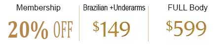 LaserHere laser hair removal pricing showing underarms for $149 and full body for $599 with 20% off membership